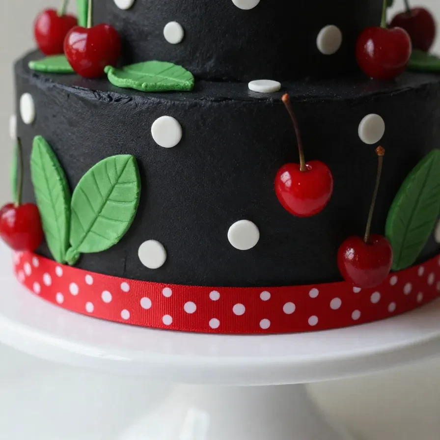 Pastel decorado con lunares y cerezas frescas encima.