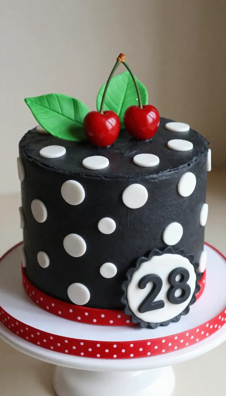 Pastel decorado con lunares y cerezas frescas encima.