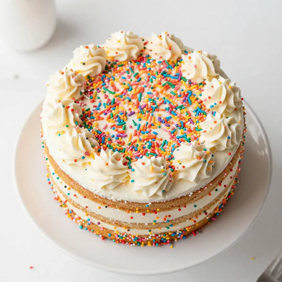 Pastel Funfetti decorado con glaseado blanco y chispas de colores