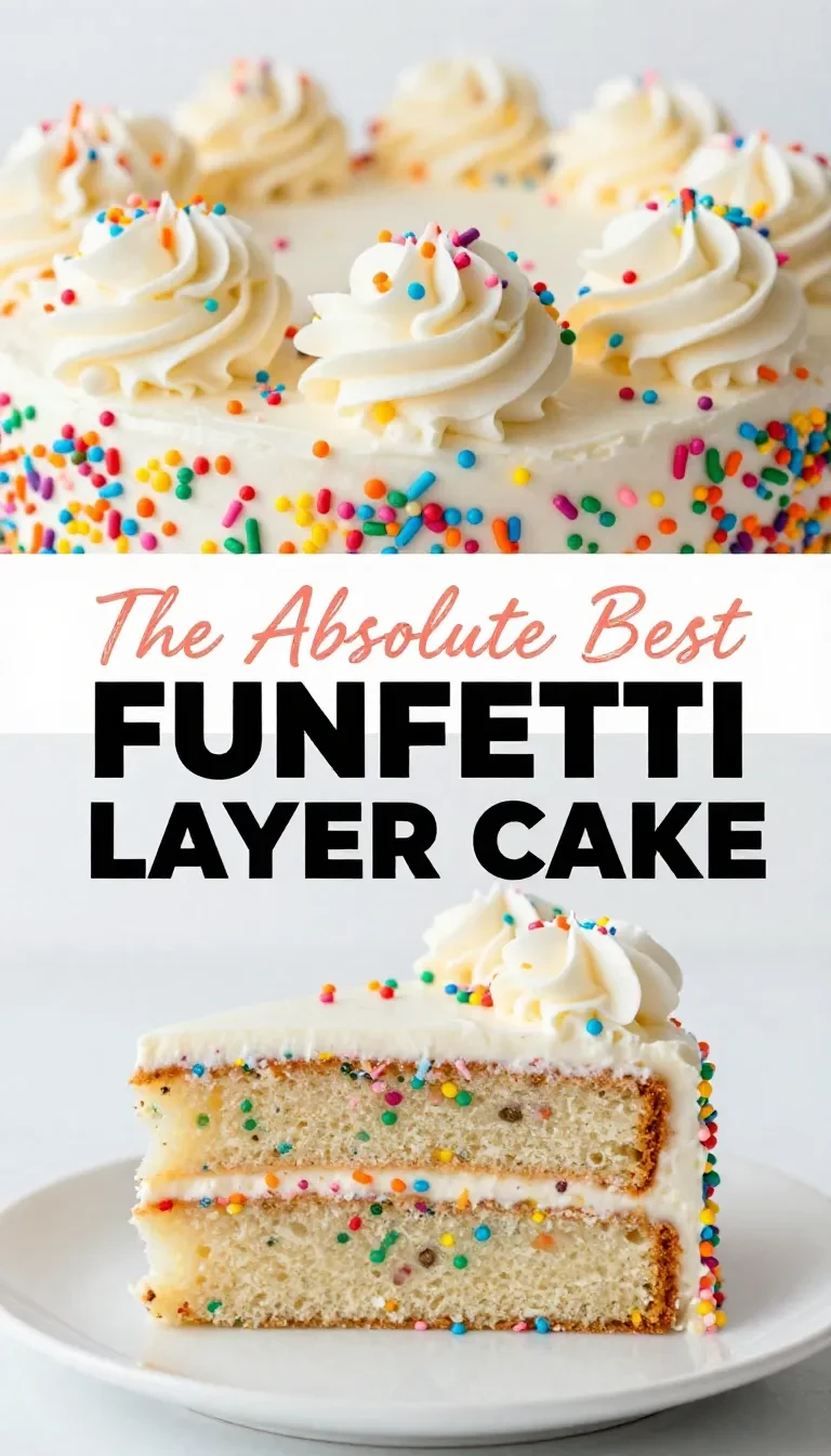 Pastel Funfetti decorado con glaseado blanco y chispas de colores