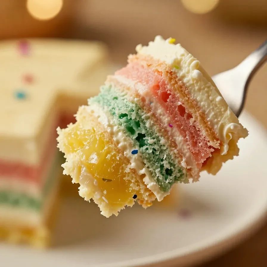 Un pastel de capas decorado con confeti colorido sobre una mesa blanca.