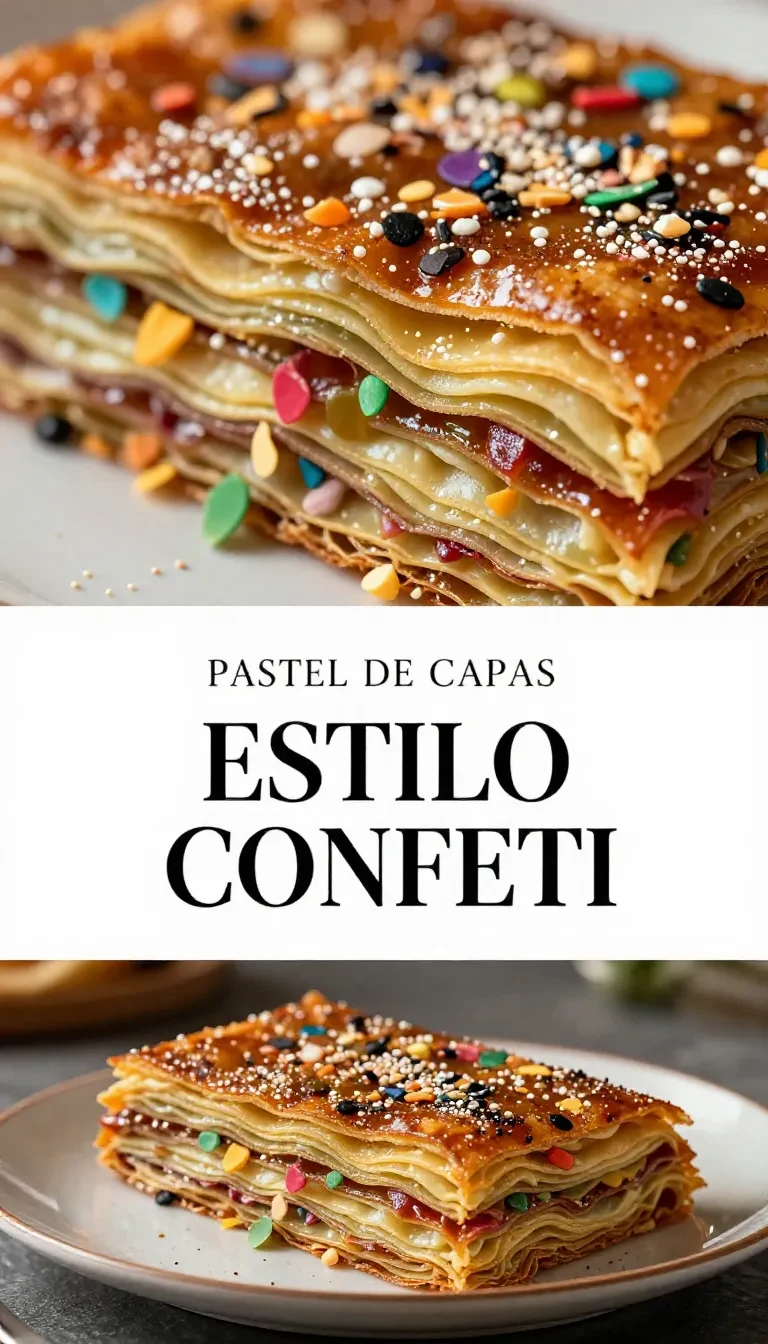 Un pastel de capas decorado con confeti colorido sobre una mesa blanca.