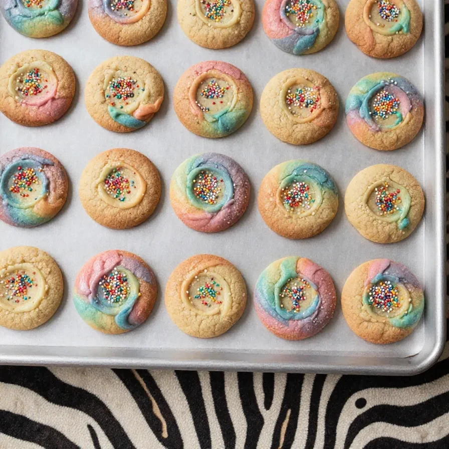 Galletas de pastel de puntos recién horneadas sobre una bandeja.