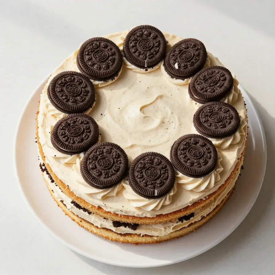 Pastel de Oreo decorado con glaseado de galletas y crema en una mesa de cocina.