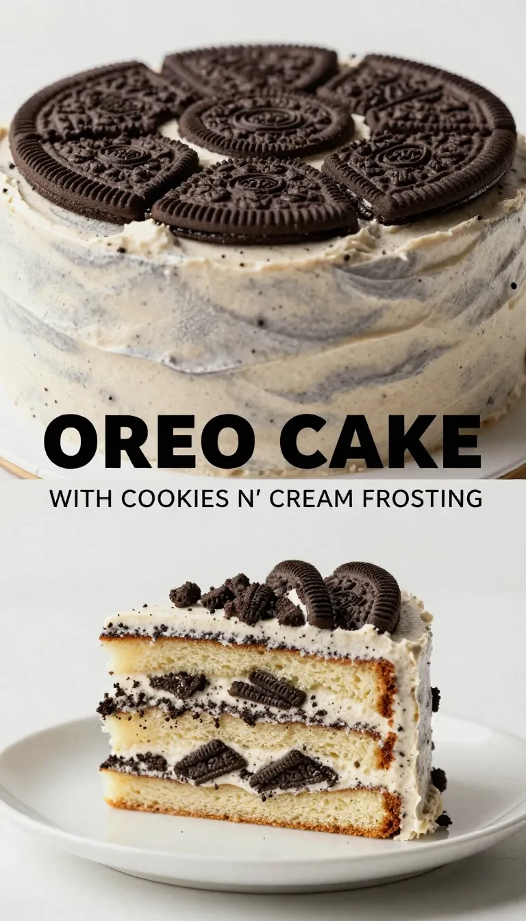 Pastel de Oreo decorado con glaseado de galletas y crema en una mesa de cocina.